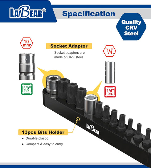 LABEAR 13pcs Tamper Proof Torx Bit Set, Premium S2 Alloy Steel with Bit Holder, 13-Piece Security Star Bits
