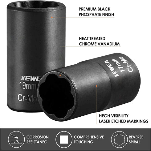 XEWEA 9PCS Lug Nut Extractor Set, 1/2" Drive Impact Bolt Nut Remover for Damaged Bolts