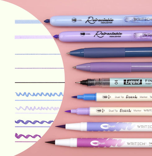 WRITECH Journaling Kit, Gel Ink Pens/Retractable Highlighters/Dual Tip Brush Pens/Fineliner Pens, Smooth Writing Assorted Colors Journaling Supplies, 9 Count with Pen Bag (Haze blue & purple) by WRITECH