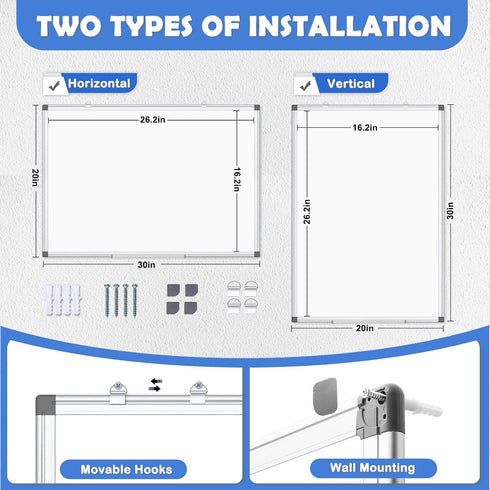 WALGLASS Double-Sided White Board, 20" x 30", Magnetic Whiteboard with Silver Aluminium Frame for Home & Office