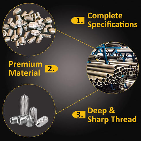 Cone Point Set Screws 48 Pcs - M3, M4, M5, M6 Hex Head Metric 304 Stainless Steel Grub Screws for Home Repairs