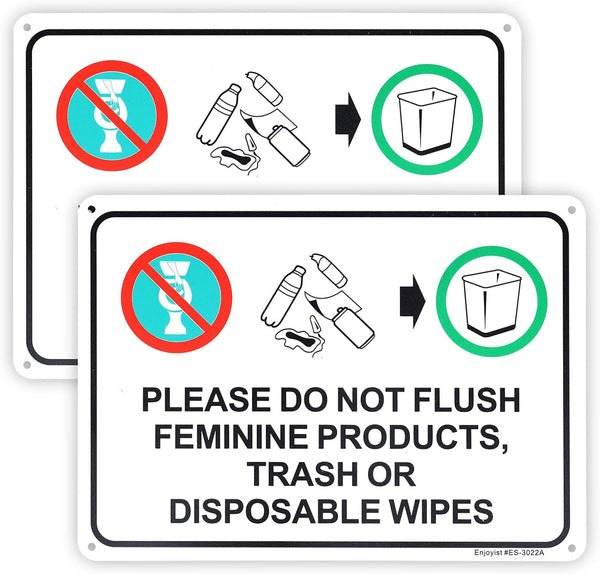 Enjoyist 2-Pack Please Do Not Flush Feminine Products, Trash Or Disposable Wipes Sign10"x
