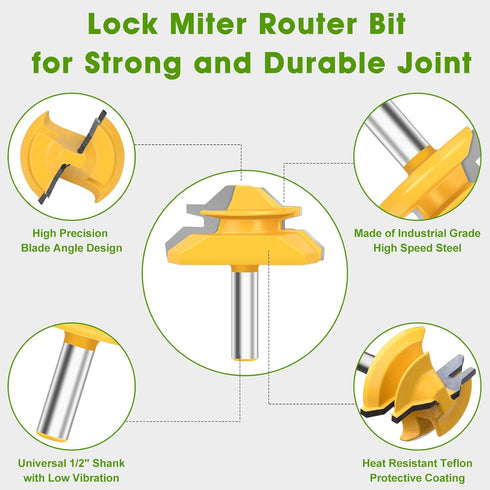 45 3 Set, 1/2 Inch 1/2", 5/8", 3/4" Pynsseu Degree Lock Miter Router Bit Piece Joint Router Bit Shank Router Bits