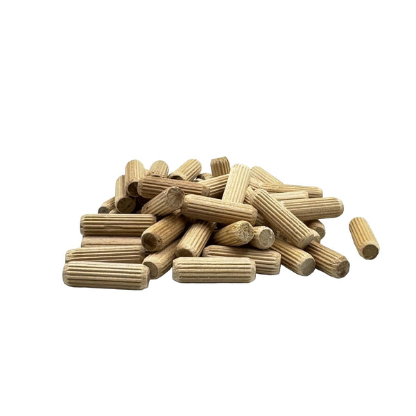 3/8" x 1 1/4" Wooden Dowel Pins, 100 Pack - Kiln Dried, Fluted, and Beveled