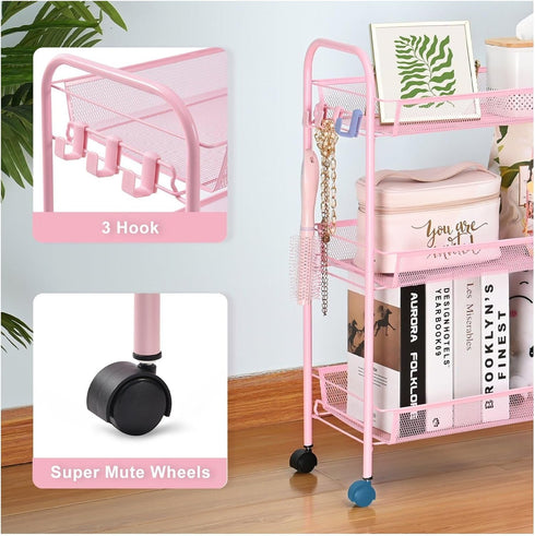 Generic 3 Rolling Cart Organizer Tier, Mesh Utility Cart with Wheels, Office School Storage Cart - Pink
