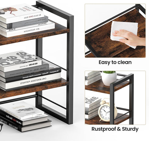 Office Desk Shelf Organizer, Wood Desktop Bookshelf Supplies Storage Rack, 2 Tier Shelf for Desk and Dresser, Brown