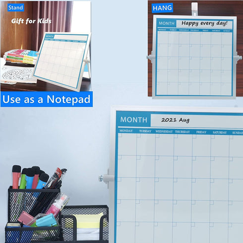 Magnetic Dry Erase Board Calendar, Easy to Clean Desktop Double Side Monthly Whiteboard with Stand, 10" x 10" Portable