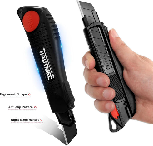 HAUTMEC 18mm Utility Knife Box Cutter, Safety Quick Change Button, Snap off Black SK2 Ultra Sharp Blade