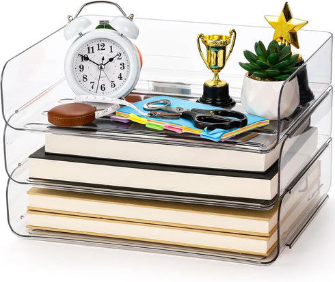 Okllen 3 Pack Stackable Paper Trays, Clear PET Desk Letter Tray Set, 3 Tier Organizer for A4 Paper, Magazine, Receipts