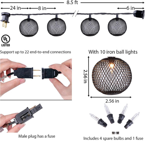 10 Decorative Lantern String Lights Plug in with Black Metal Ball, Connectable Waterproof Outdoor Decorative String