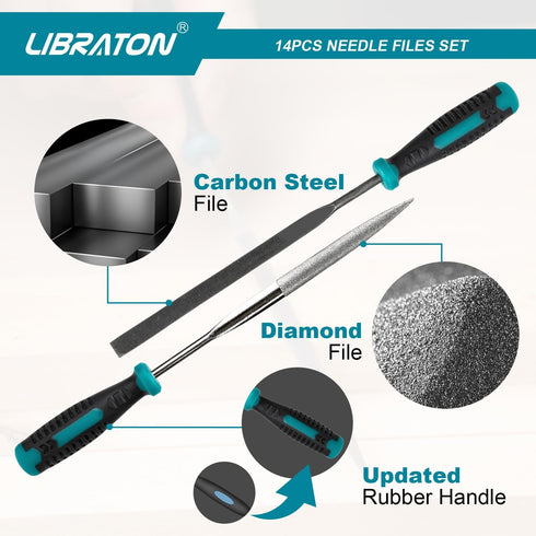 Libraton Needle File Set, 14PCS Diamond and Carbon Steel Files with Wire Cutter, Carry Bag for Soft Metal and Wood