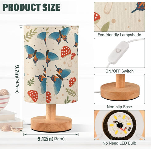 ALAZA Bedside Table Lamp for Bedroom Mushroom Butterfly Nightstand LED Light Lamps with USB Port Linen Fabric Shade
