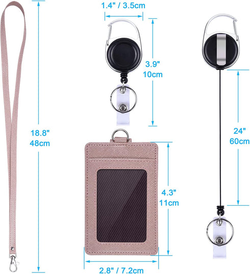 Wisdompro Retractable Badge Holder with Lanyard, Double Sided PU Leather ID Card Holder, Rose Gold