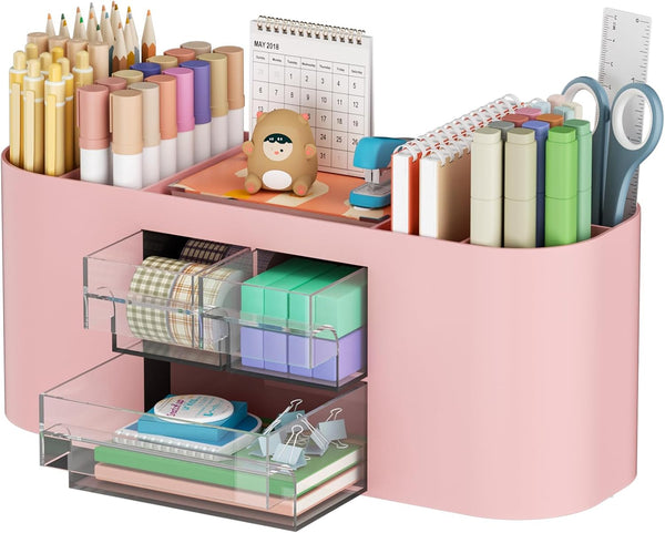 Marbrasse Desk Organizer Pen Holder with 3 Drawers, Multi-Functional Pencil Holder for Home, School, Classroom (Pink)