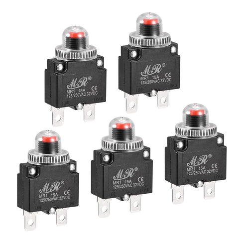 MECCANIXITY 5pcs Circuit Overload Protector 15A AC125/250V DC32V Push Button Thermal Circuit Breaker for Air Compressor
