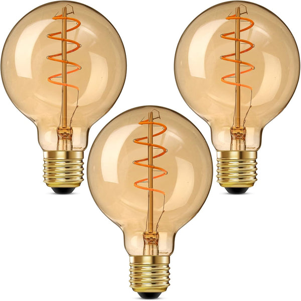 HEWASOL Spiral Dimmable LED Edison Bulbs, G80E26 Screw, Non Flicker, 4W Retro Filament, 2000K Soft Warm White, 3 Pack