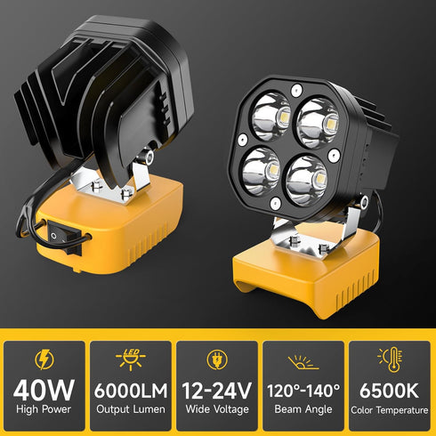 20V 40W 6000LM 20V 120Adjustable Azocek LED Work Light Compatible with Dewalt Battery, Flashlight, Battery Cordless