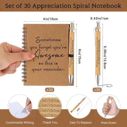 Honoson 30 Sets Spiral Notebooks - Thank You Gifts, Inspirational Journals with Bamboo Pens