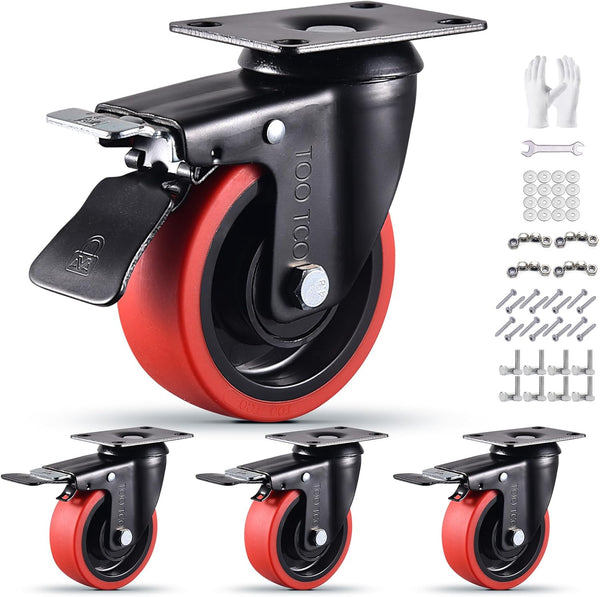 Casters Set of 4 Heavy Duty 4 Inch Caster Wheels with Brake, 2200Lbs Capacity, Silent Swivel Rubber Wheel