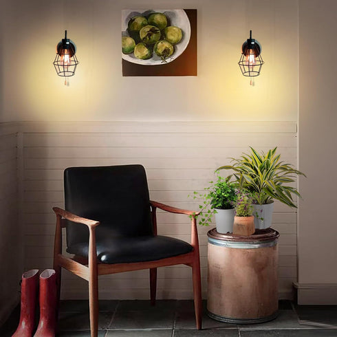 E26 (1-Light, Bulb) Pull Chain Wall Sconce Wire Cage Wall Light Fixtures with On Off Switch Hardwired Black Metal