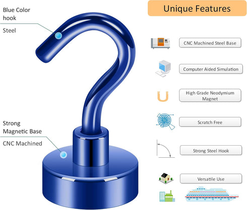 Neosmuk 30lb Heavy Duty Magnetic Hooks, Earth Magnets with Hook for Refrigerator, Extra Strong Hanger (Navyblue, 4 Pack)
