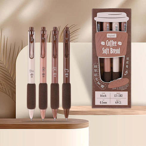 Mabor 4Pcs Cute Coffee Gel Pens, Retractable Quick Dry Ink 0.5mm Fine Point Black Ink Aesthetic Writing Supplies