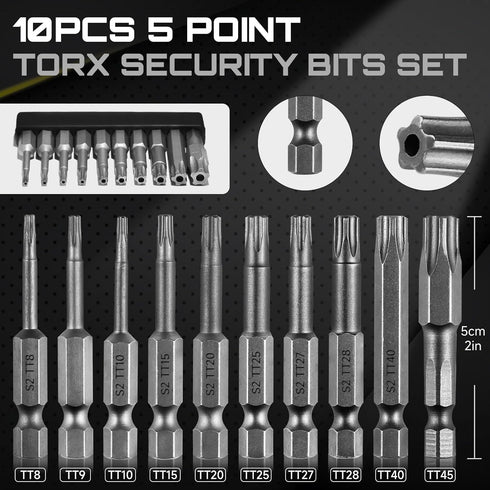 LMXMGRG 5 Set 10pcs Set S2 (50mm) TT8-TT45 Point Torx Plus Bit Tamper-Proof Security Bits Safety Torx Bit Alloy Steel