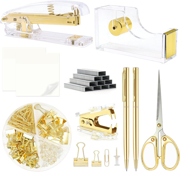 UPIHO Gold Desk Accessories Set - Stapler, Tape Dispenser, Scissors, and Sticky Notes for Office Clerks