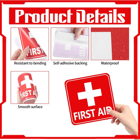 Josojoou 6PCS 6.06x6.06in Commercial Self-Adhesive First Aid Sticker, Waterproof First Aid Sign Medical Stickers, Red