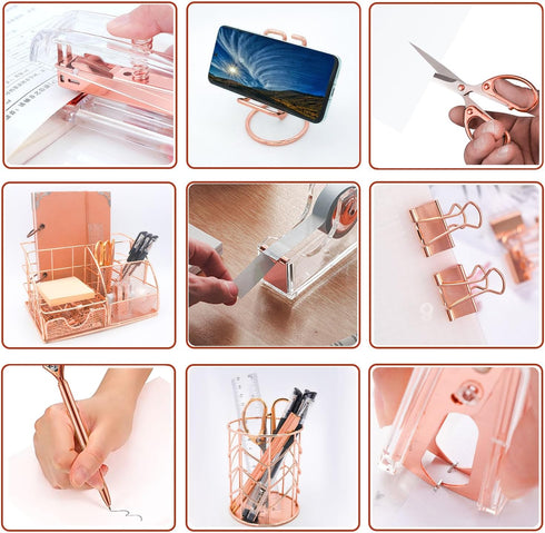 Office Desk Organizers, Rose Gold 13PCS Supplies and Accessories, Acrylic Stapler, Clips, Scissor, Tape Dispenser