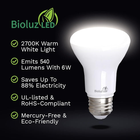 Bioluz LED 10 Pack BR20 LED Bulb, 6W=50W, 2700K Warm White, Dimmable, 540 Lumen
