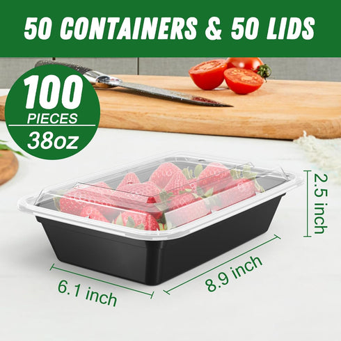 50 Pack (100-Piece) 38 oz Meal Prep Containers with Lids, Sturdy Leakproof & Food Safe, Microwave Safe