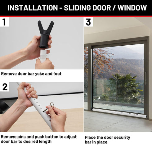 Keplrend Jammer Door Security Bar - Heavy Duty Door Security Bar - Adjustable Sliding Door Security Bars - Doors