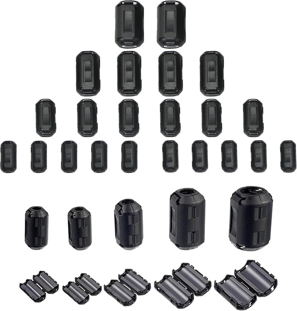 Clip-on Ferrite Ring Cores, EMI RFI Signal Noise Filter for HDMI USB Power Cable, 5 Sizes, 22 Pcs