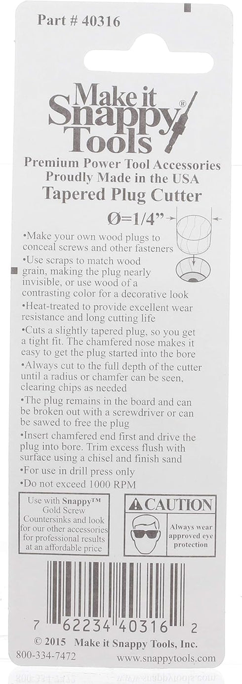 Make it Snappy Tools 1/4 Inch Tapered Plug Cutter, 1/4 Inch Quick Change Shank, #40316