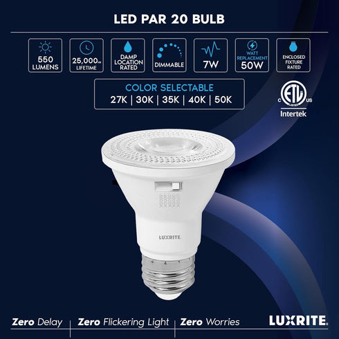 PAR20 Bulb, 50W 5 2700K-5000K, 550 7W, Dimmable Bulb, E26 (4 Pack) LUXRITE LED Flood Light Equivalent, Color Selectable