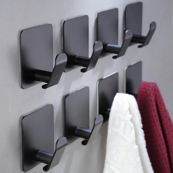 Taozun Adhesive Hooks 8 Packs, Black Wall Hooks for Hanging Coat/Towel in Bathroom