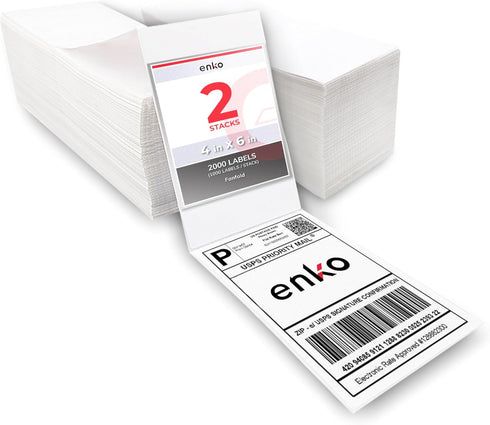 enKo 2 Stacks/2000 Labels 4"x6" Fanfold Direct Thermal Labels for Rollo Zebra Printer - Shipping Mailing Postage