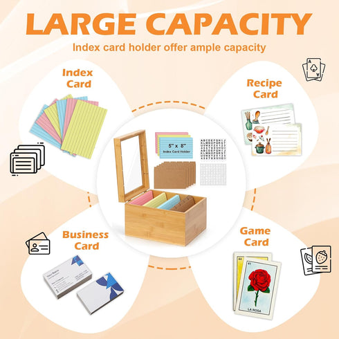 DLUGOPIS 5x8 4 150 25 2 Index Card Holder with Dividers Bamboo Index Card Storage Box Compartments Recipe Card Box
