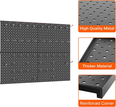 TORACK 4Pcs Metal Pegboard Panels 12"x16" for Garage, Workbench, Tool Organizer with 1/8" & 1/4" Holes, Black