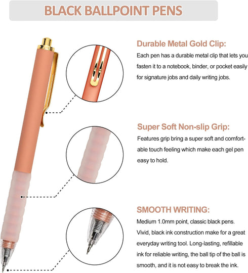 Linbsunne 1mm Medium Point Ballpoint Pens, Black Ink Work Pen with Soft Grip, Retractable, Gold Clip (6 count)