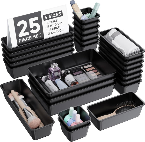 BiuLeon 25 PCS Plastic Drawer Organizers Set, 4-Sizes Vanity and Makeup Organizer, Desk