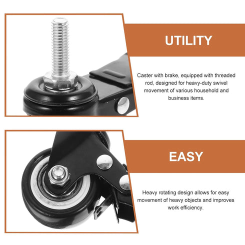 4pcs 1.5-inch M8x25 UPKOCH Stem Casters with Brake, Threaded Rod Heavy Duty Swivel Wheels for Furniture, Rolling Cart
