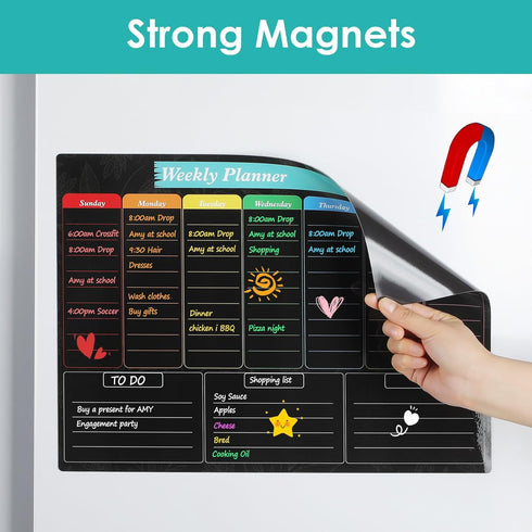 MaxGear Weekly Black Dry Erase Board,16"x12" Magnetic Whiteboard Meal Planner Blackboard for Fridge, Chalkboard Calendar Menu Board for Kitchen w/5 Markers and 1 Eraser as Planning Board/Notepad