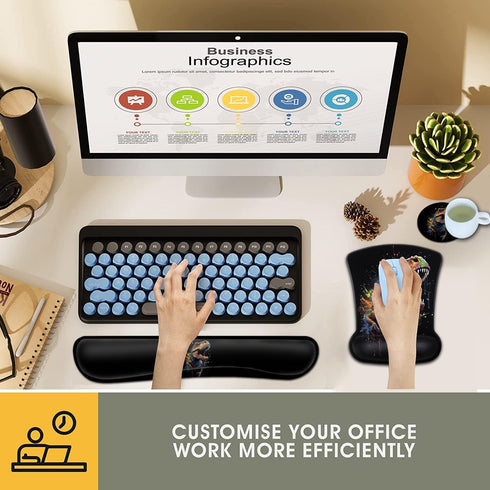 Keyboard Wrist Rest and Mouse Pad Wrist Support Set, Ergonomic Gel Mouse Pad Wrist Rest with Non-Slip Base for Home Office Desk Pad Easy Typing, Cool Painted Dinosaur Black Gaming Mouse Mat