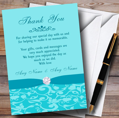 The Card Zoo Blue Vintage Floral Damask Diamante Personalized Wedding Thank You Cards