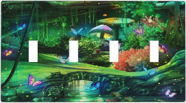 Decorative Switch Plate Covers, Forest Spring Enchanted Fairy Wonderland, 4 Gang Light Switch Cover for Kidroom