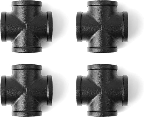 1" Black 4-Way Cross Fitting Connector, Home TZH 4-Pack Cast Malleable Iron