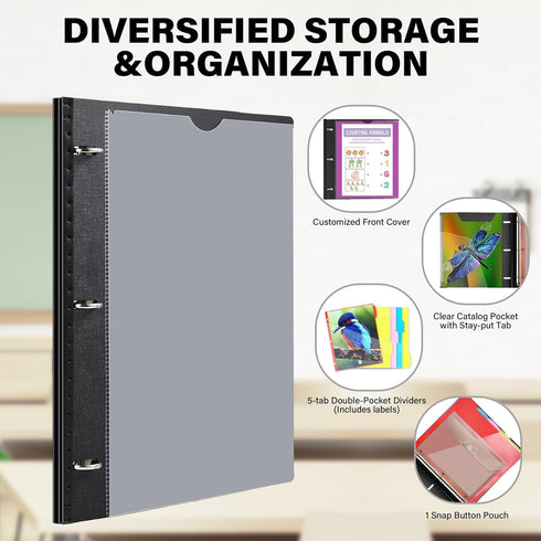 WOT I Telescoping Project Organizer, Refillable 3 Ring Binder Pocket Folder, Black with Custom Cover