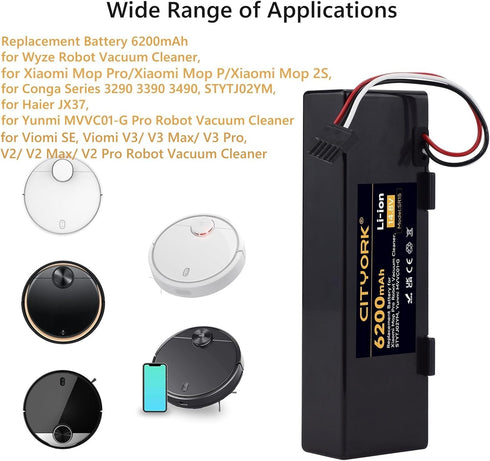 6200mAh Replacement Battery for Wyze Robot Vacuum, Compatible with Xiaomi Mop Pro/Xiaomi Mop 2S, Conga Series, Haier